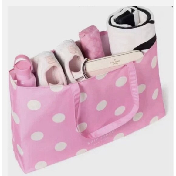 New Kate Spade Tote Pink White Polka Dot 25" x 15" XLarge Shopping Tote - Picture 1 of 5